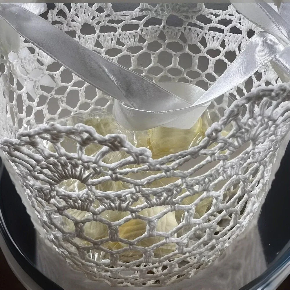 Bridal Flower Girl Basket Crochet Floral Petals‎ Ring Bearer Pillow White New